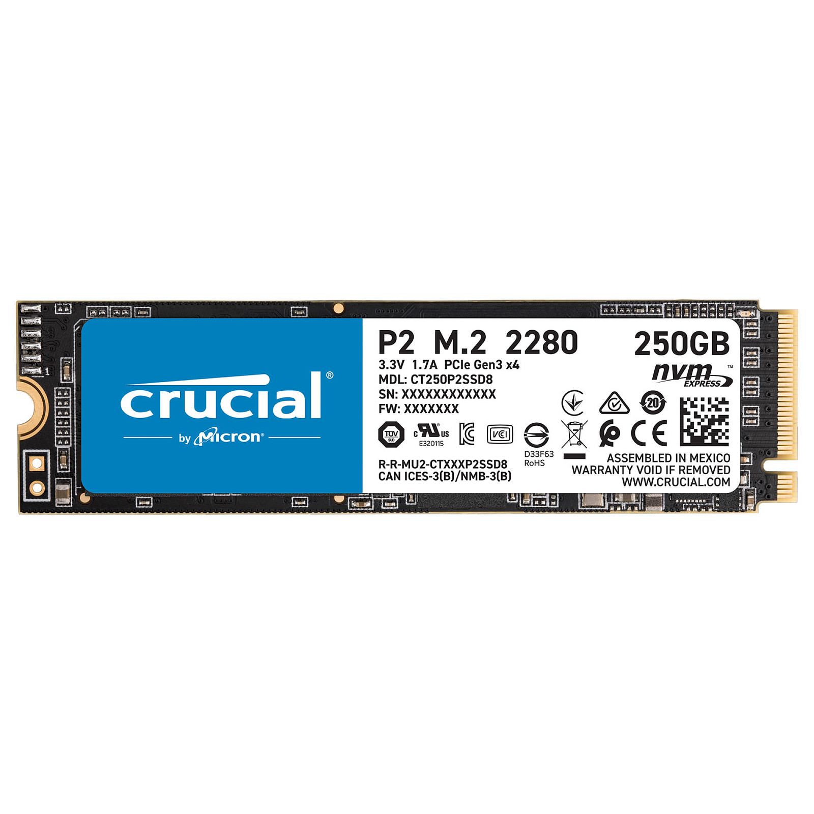 Disque dur SSD Crucial P2  M.2 PCIe NVMe 250 Go lecture/écriture jusqu'à 2100/1050 Mo/s, informatique ile de la Réunion 974