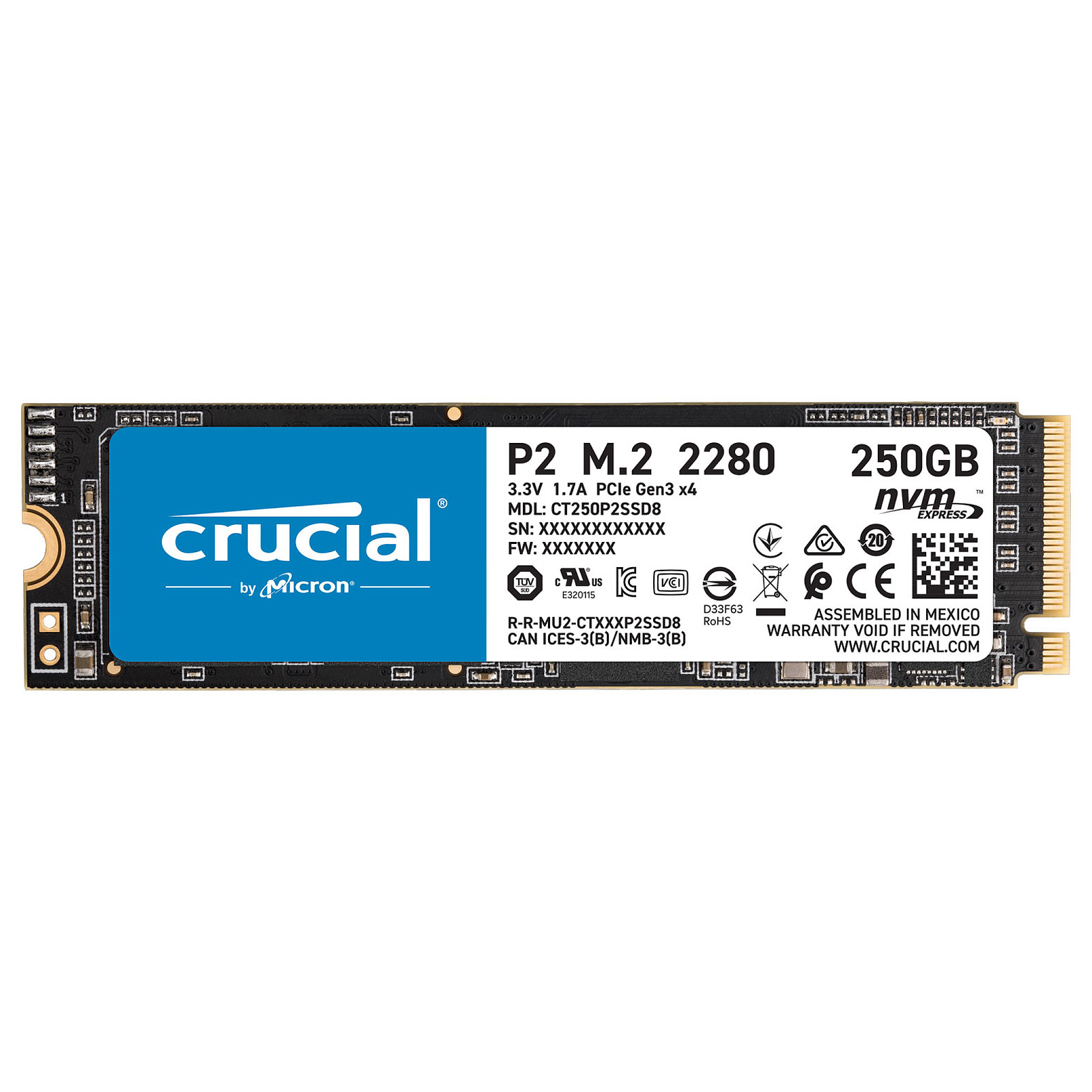 Disque dur SSD Crucial P2 M.2 PCIe NVMe 250 Go lecture/écriture jusqu'à 2100/1050 Mo/s, informatique ile de la Réunion 974