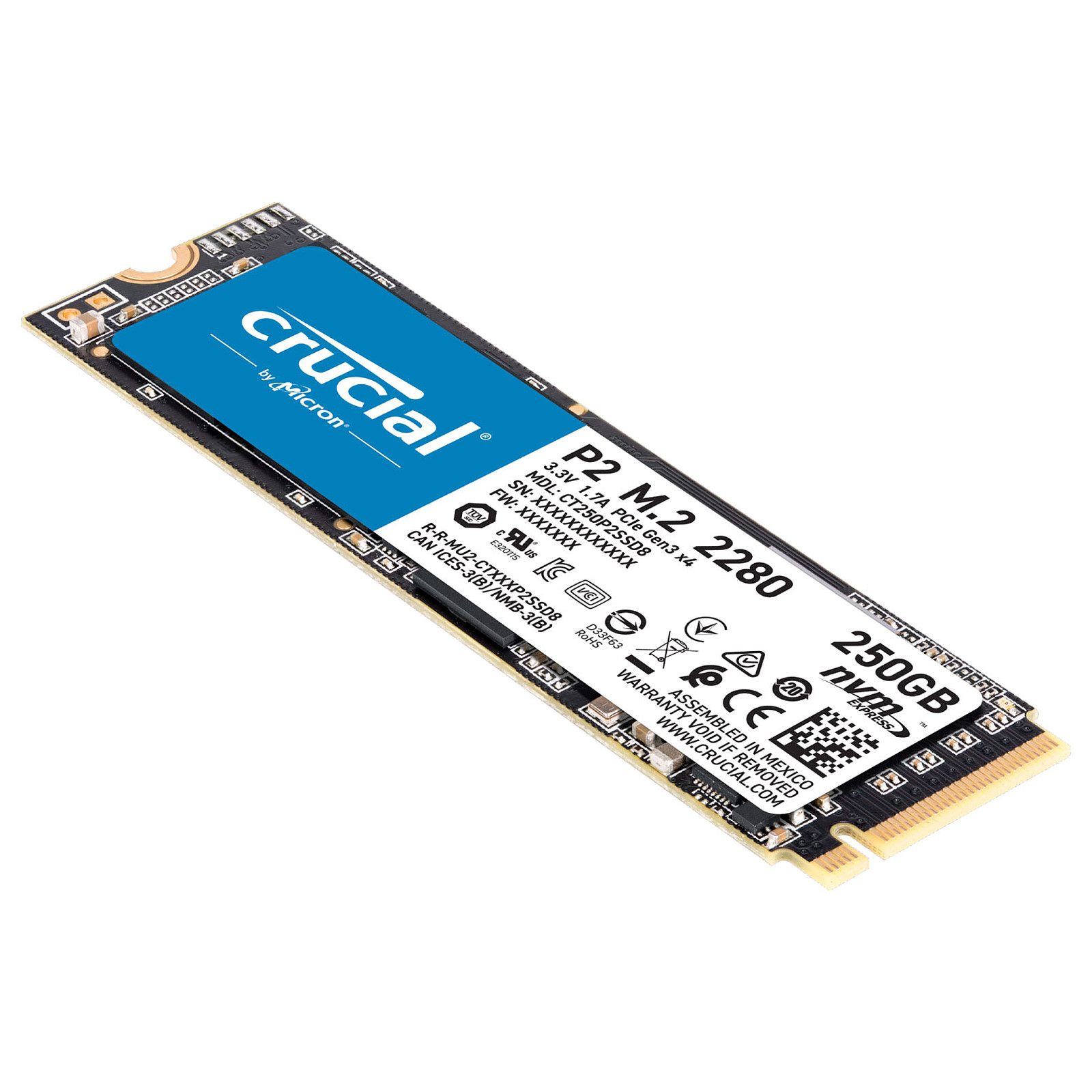 Disque dur SSD Crucial P2 M.2 PCIe NVMe 250 Go lecture/écriture jusqu'à 2100/1050 Mo/s, informatique ile de la Réunion 974