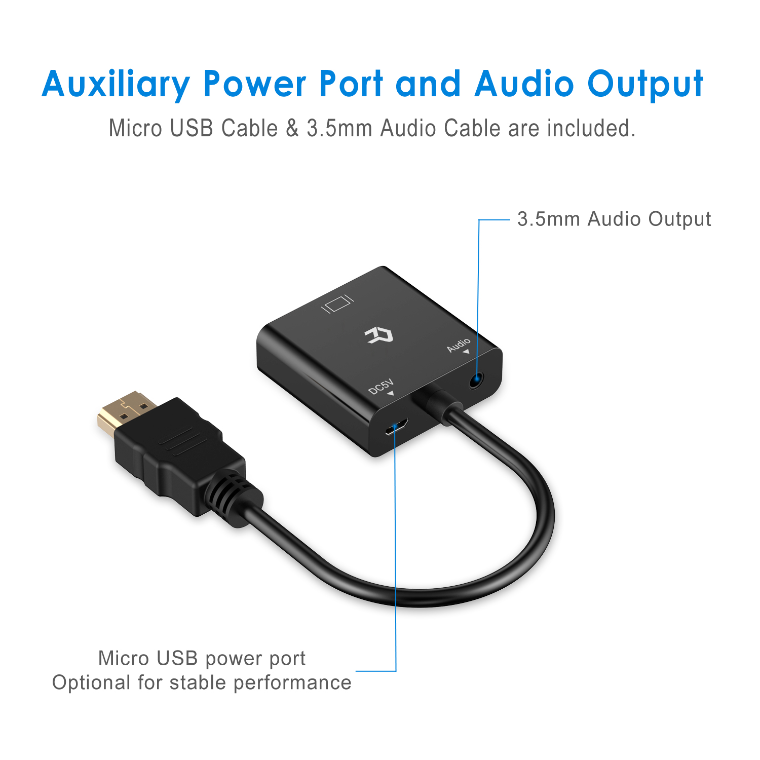 Convertisseur hdmi mâle vers vga femelle (avec audio), câble 20 cm, informatique 974