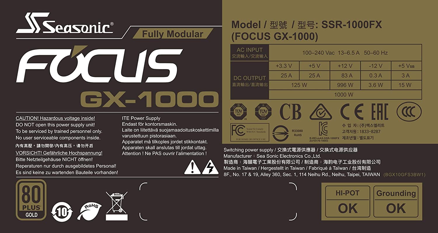 Alimentation PC 1000W Seasonic Focus GX1000 80 Plus Gold Full Modulaire, informatique ile de la Runion 974, Futur Runion Informatique